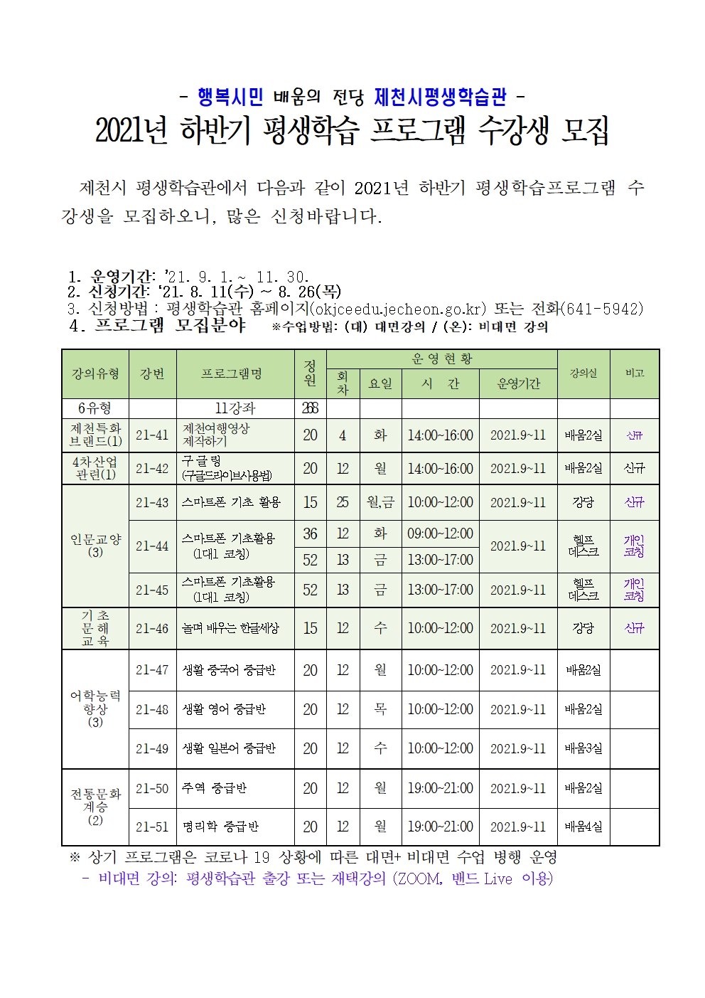 2021년 하반기 평생학습 프로그램 수강생 모집